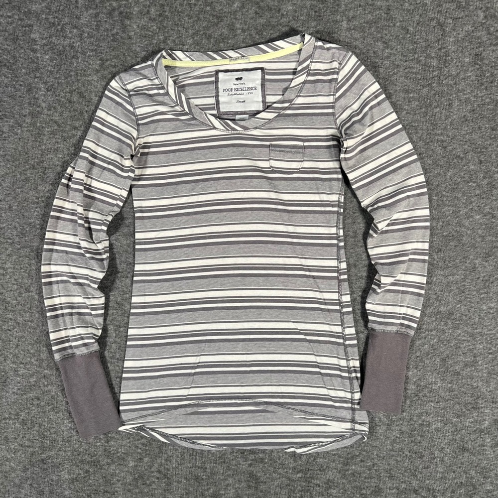 Y2K Poof Excellence New York Stripe Long Sleeve Top Grey White Button Cuff Small